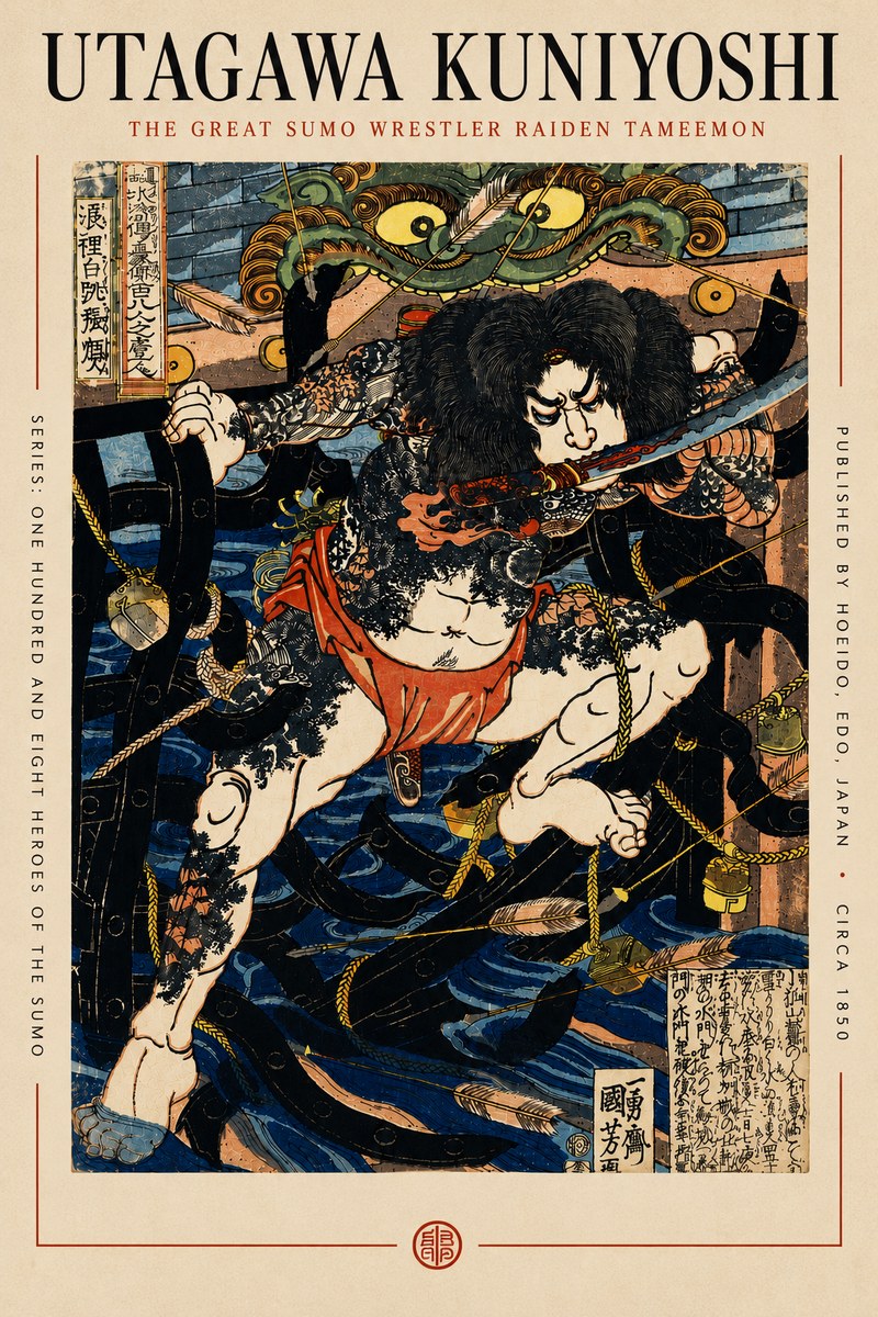Utagawa Kuniyoshi The Great Sumo Wrestler Raiden Tameemon No6 - Póster