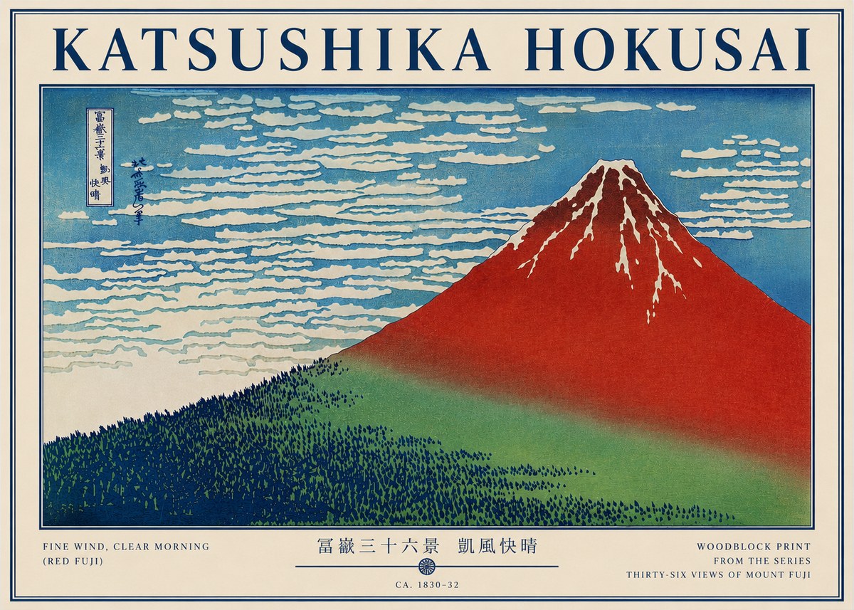 Katsushika Hokusai Fine Wind, Clear Morning (Red Fuji) I No3 - Póster