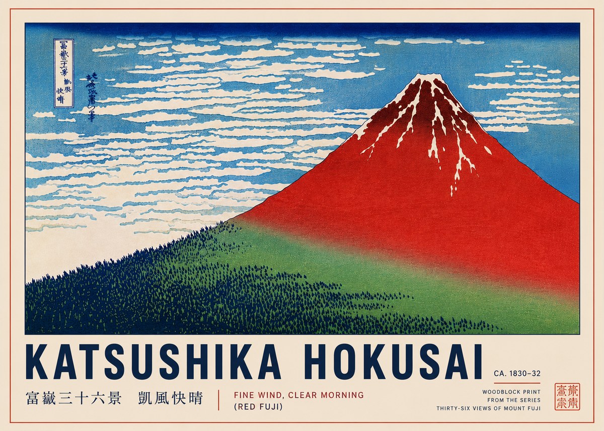 Katsushika Hokusai Fine Wind, Clear Morning (Red Fuji) I No4 - Póster