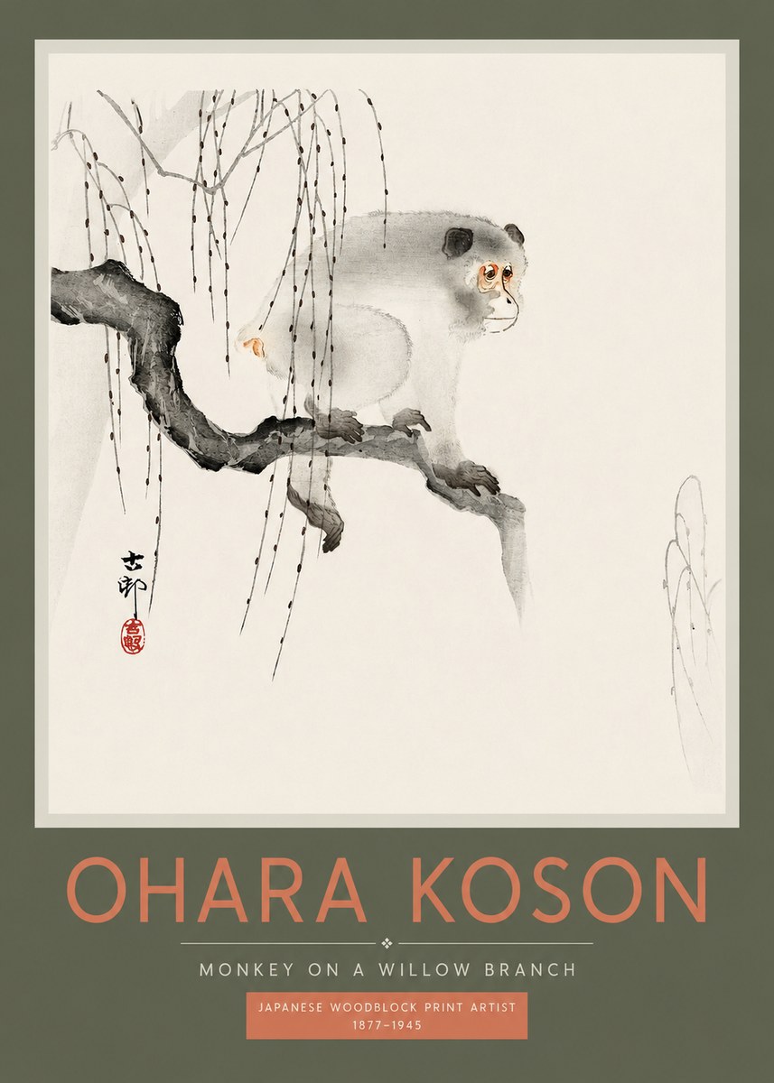 Ohara Koson Monkey on a Willow Branch No2 - Póster