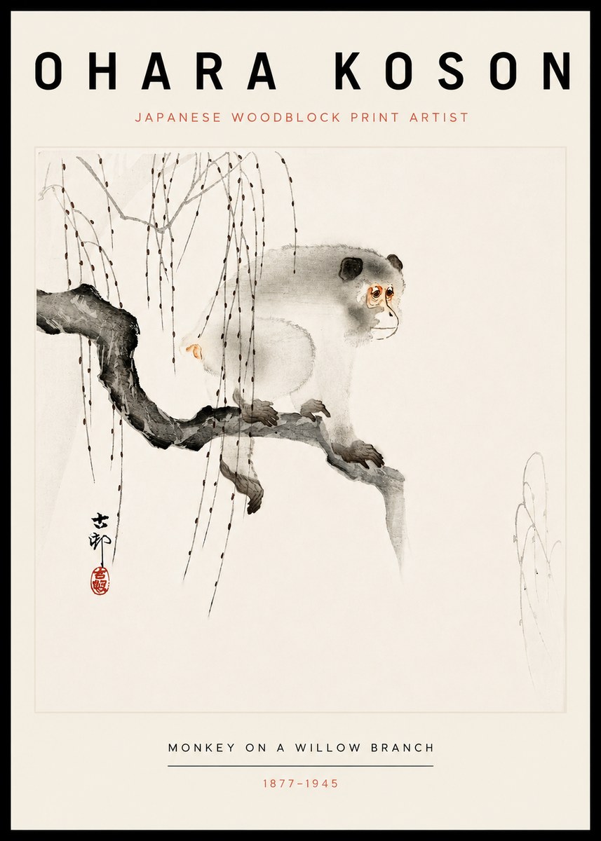 Ohara Koson Monkey on a Willow Branch No3 - Póster