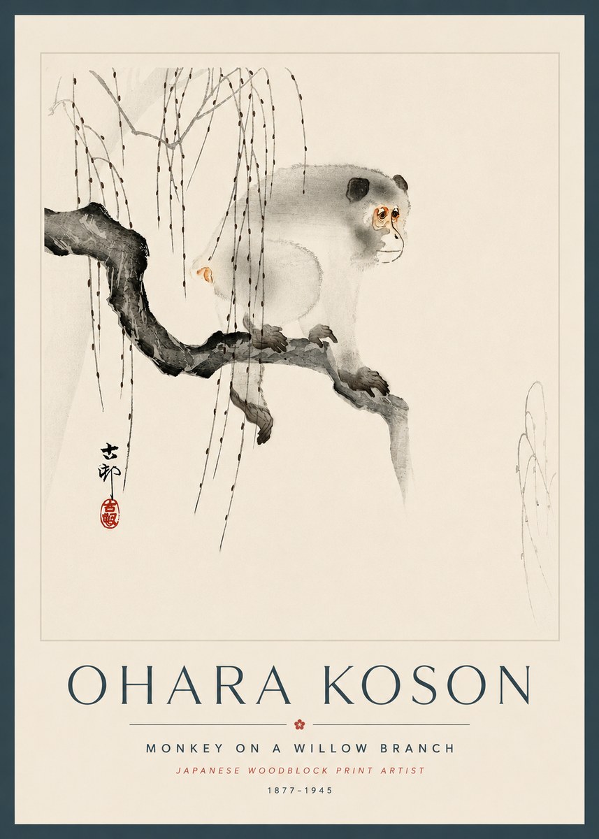 Ohara Koson Monkey on a Willow Branch No5 - Póster