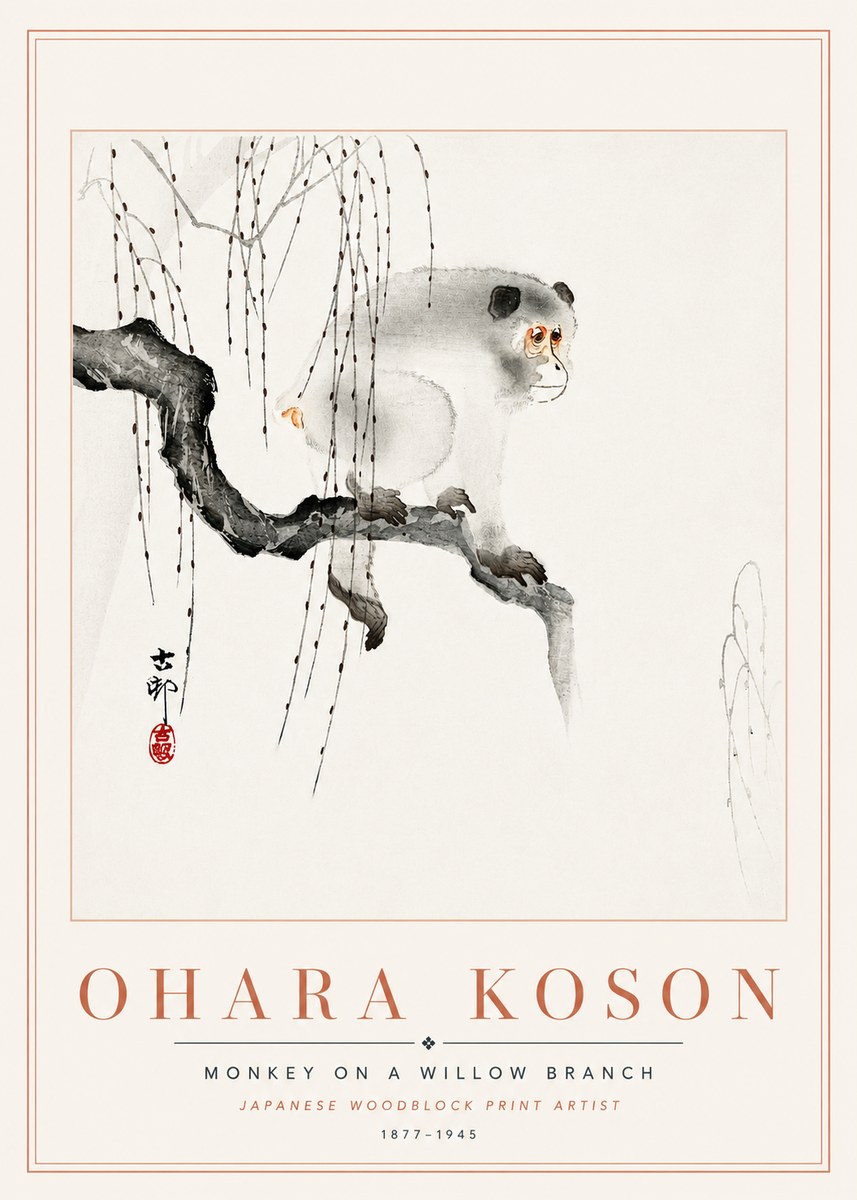 Ohara Koson Monkey on a Willow Branch No6 - Póster