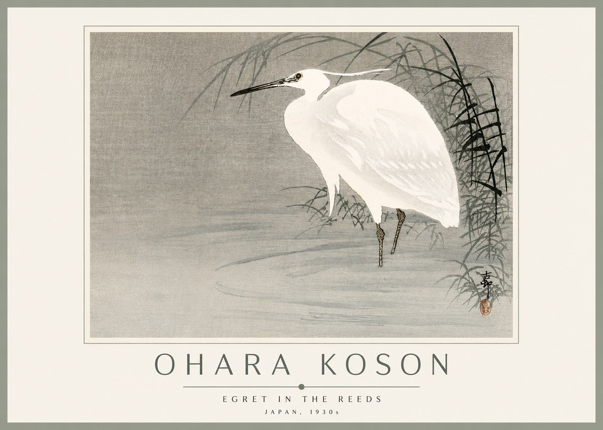 Ohara Koson Egret in the Reeds No3 - Póster