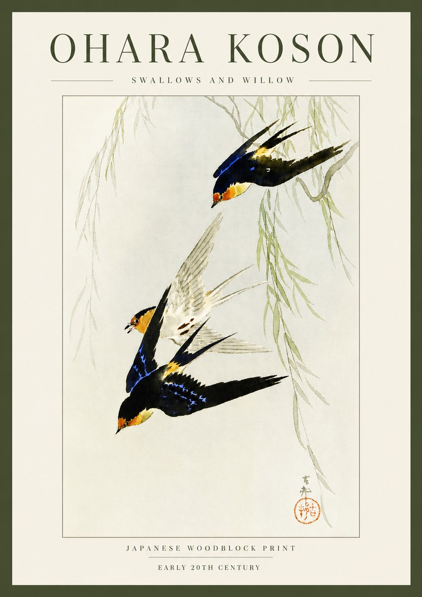 Ohara Koson Swallows and Willow I No3 - Póster