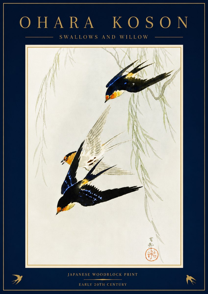 Ohara Koson Swallows and Willow I No5 - Póster