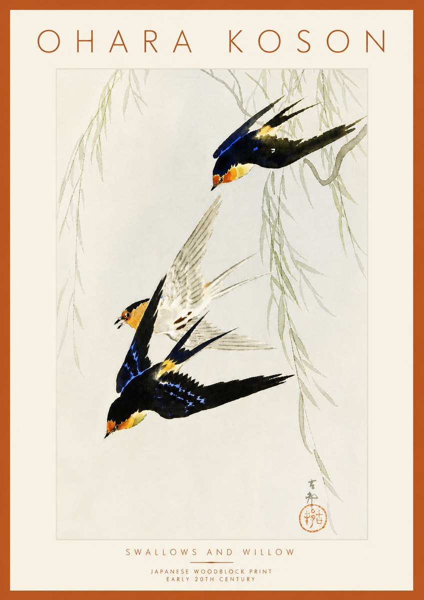 Ohara Koson Swallows and Willow I No6 - Póster