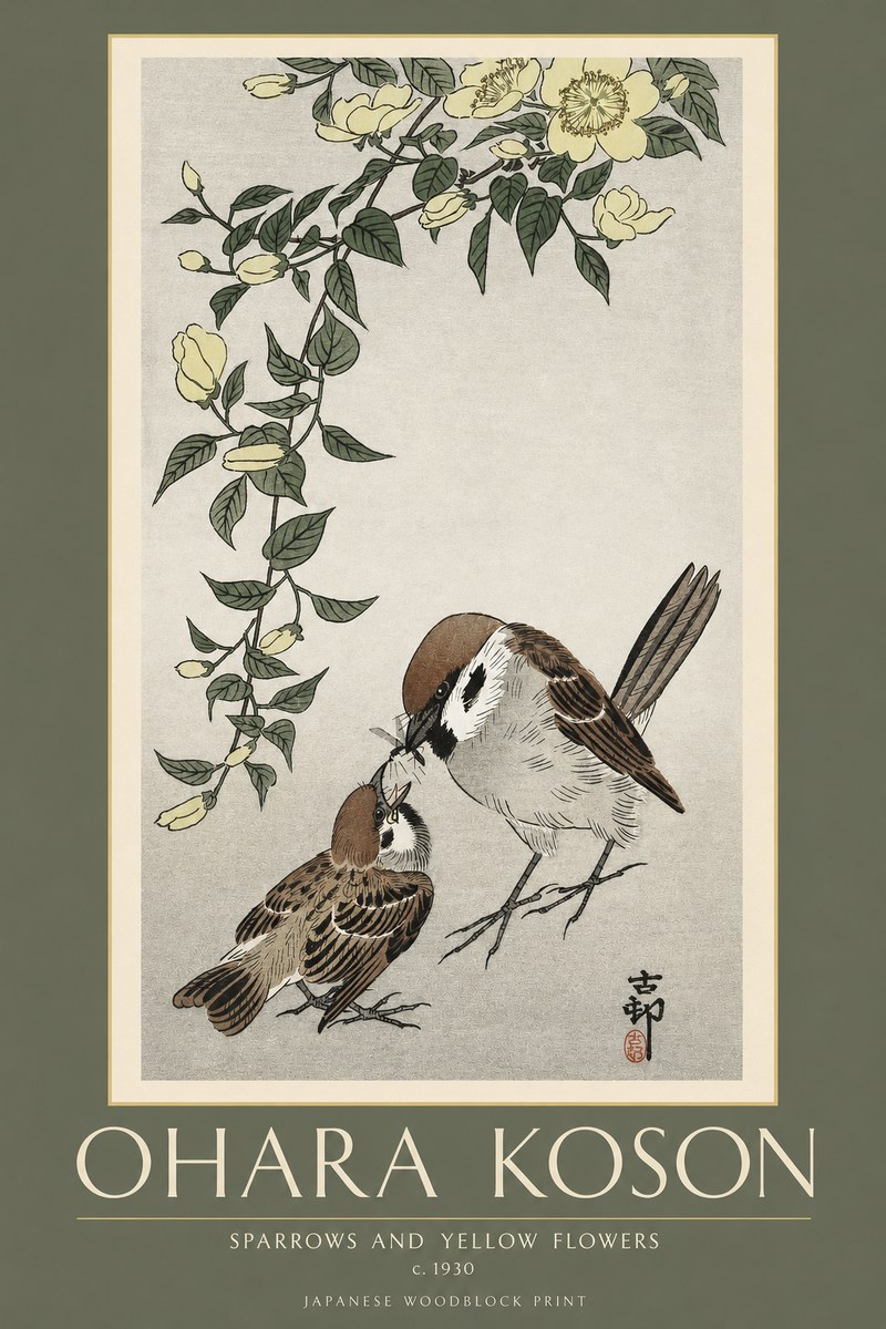 Ohara Koson Sparrows and Yellow Flowers No2 - Póster