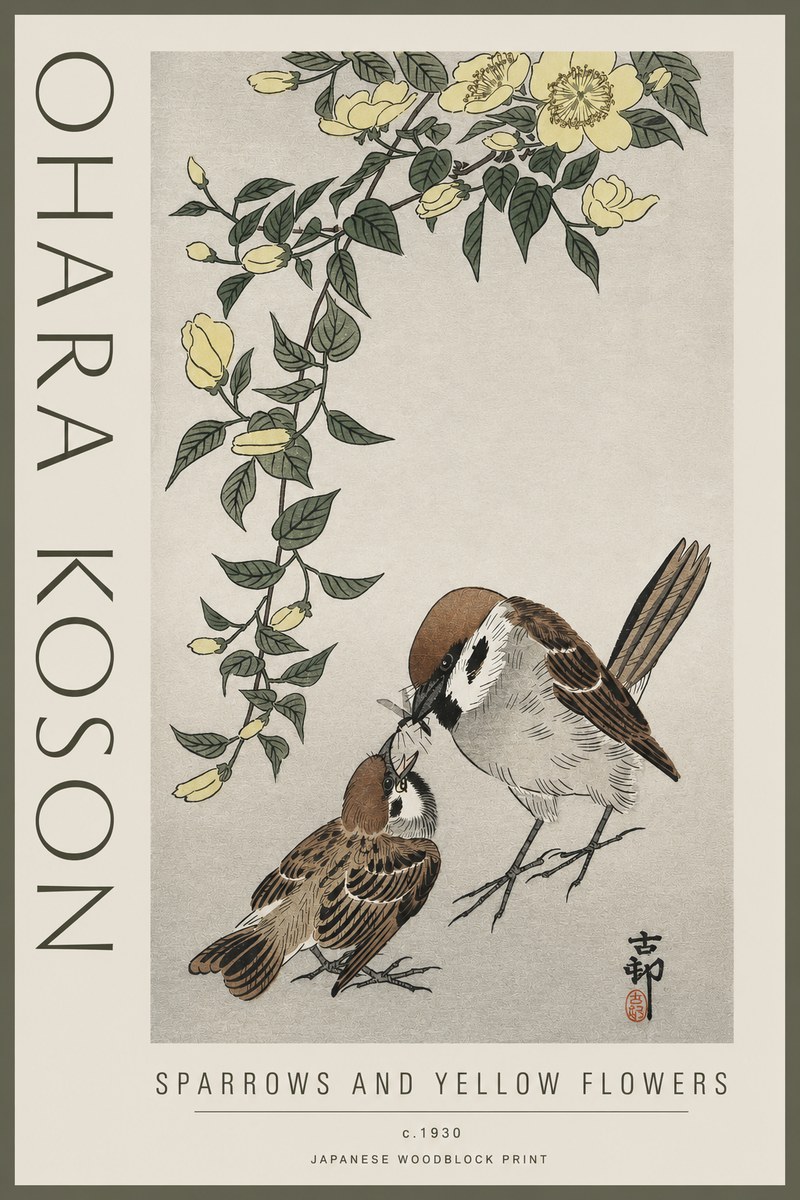 Ohara Koson Sparrows and Yellow Flowers No3 - Póster