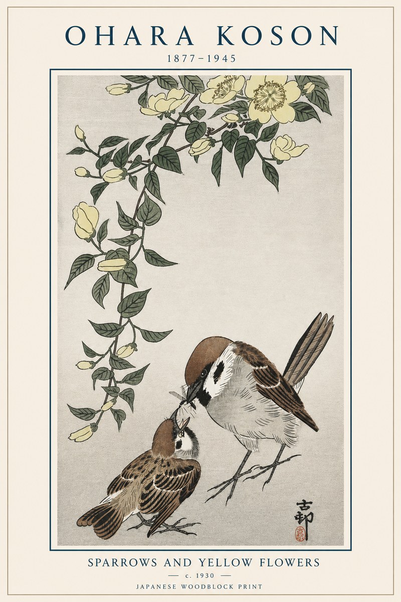 Ohara Koson Sparrows and Yellow Flowers No4 - Póster