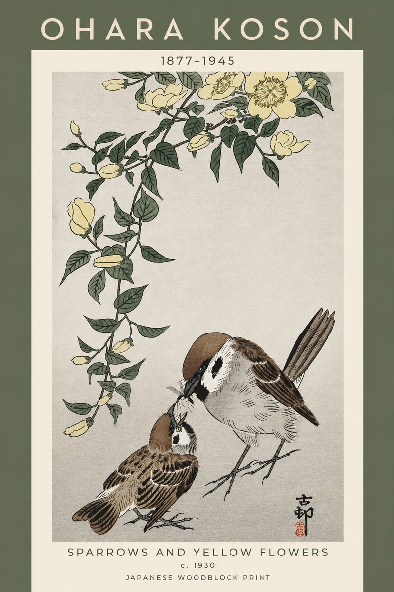 Ohara Koson Sparrows and Yellow Flowers No5 - Póster