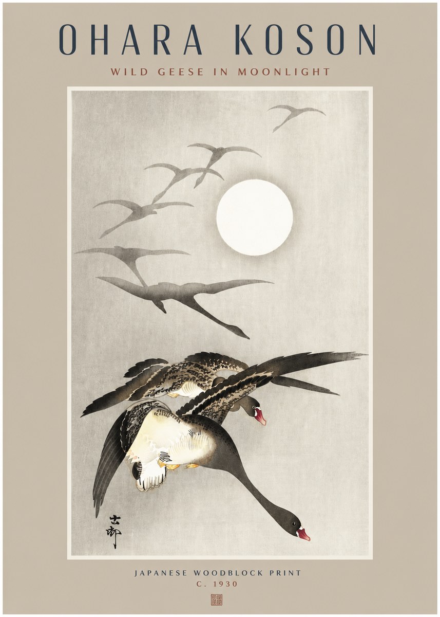 Ohara Koson Wild Geese in Moonlight I No2 - Póster