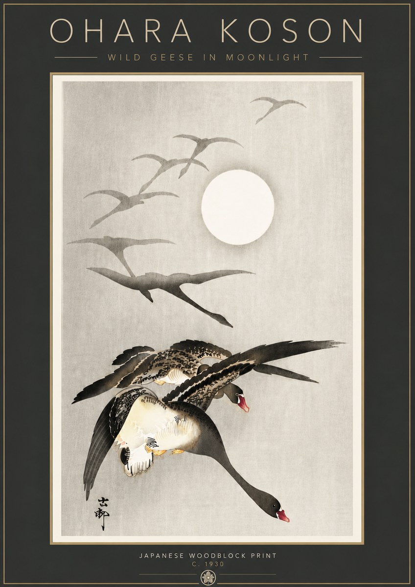 Ohara Koson Wild Geese in Moonlight I No6 - Póster
