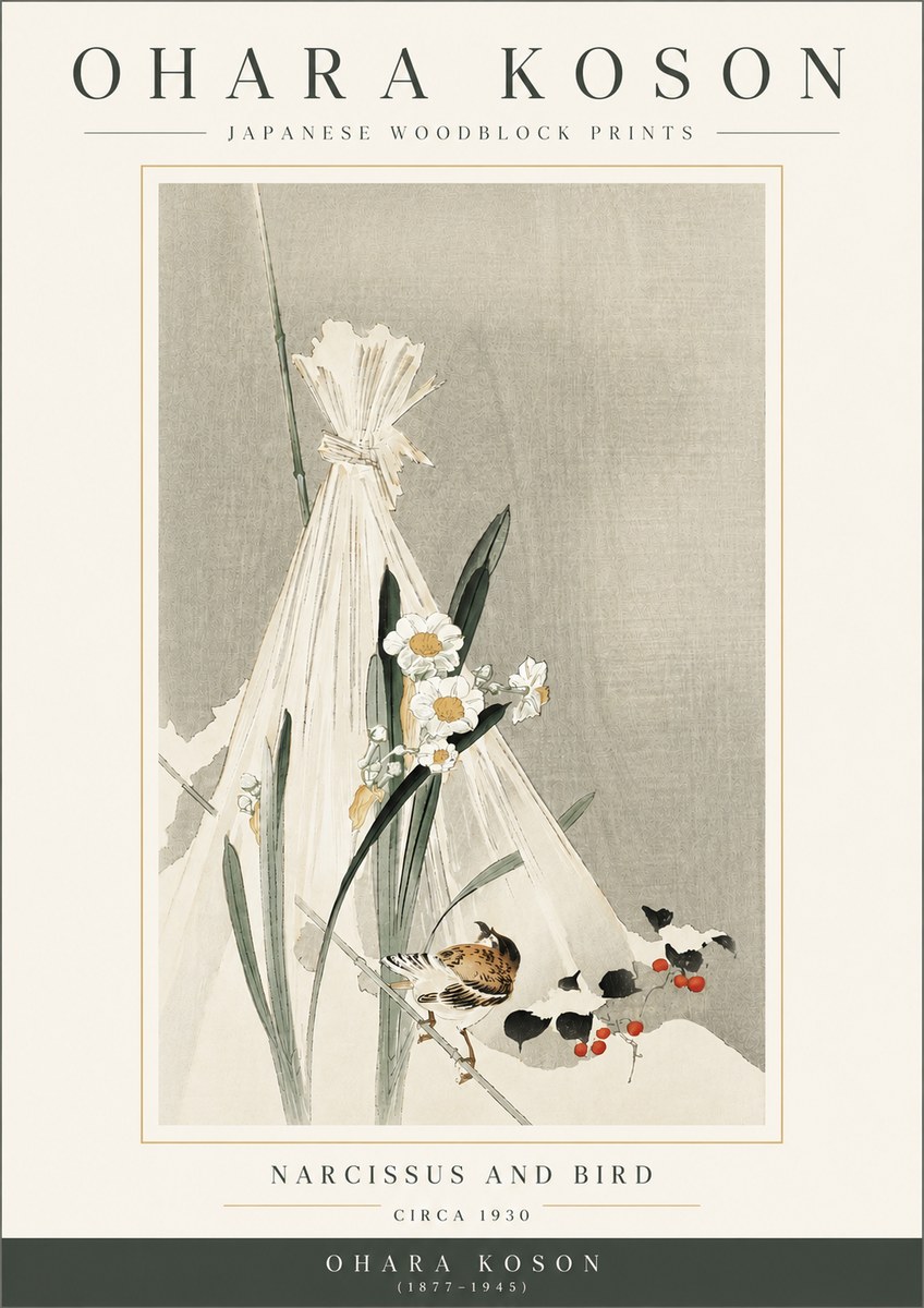 Ohara Koson Narcissus and Bird No3 - Póster