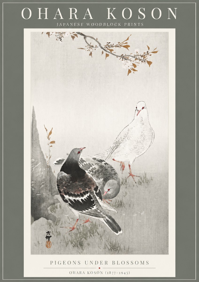 Ohara Koson Pigeons Under Blossoms No2 - Póster
