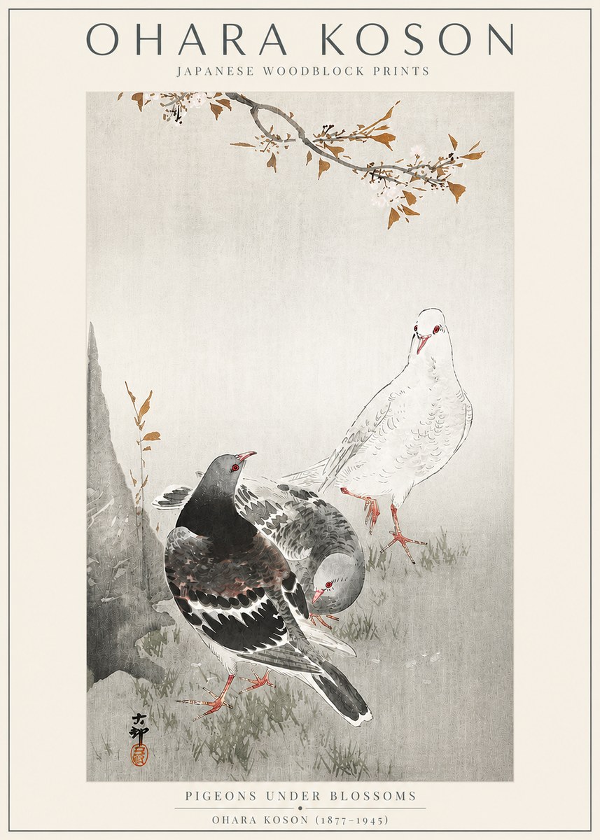 Ohara Koson Pigeons Under Blossoms No3 - Póster