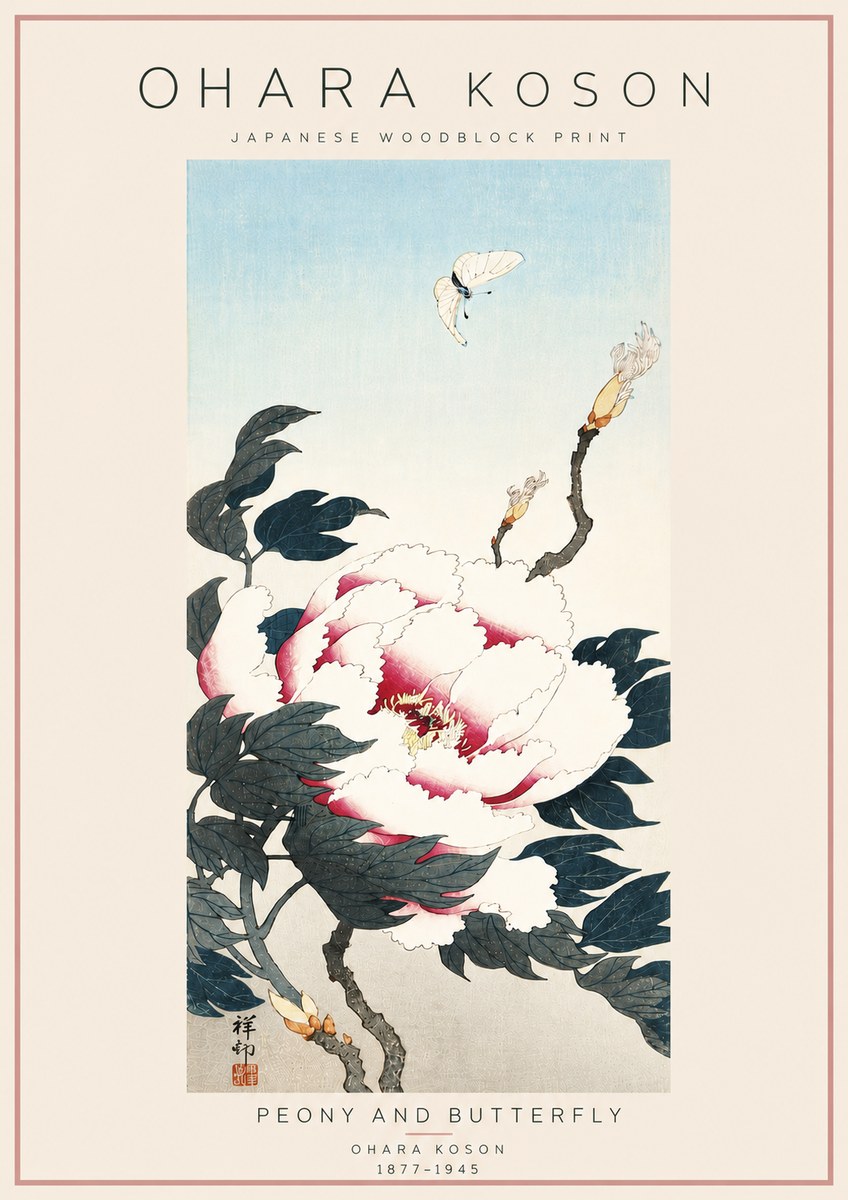 Ohara Koson Peony and Butterfly No6 - Póster