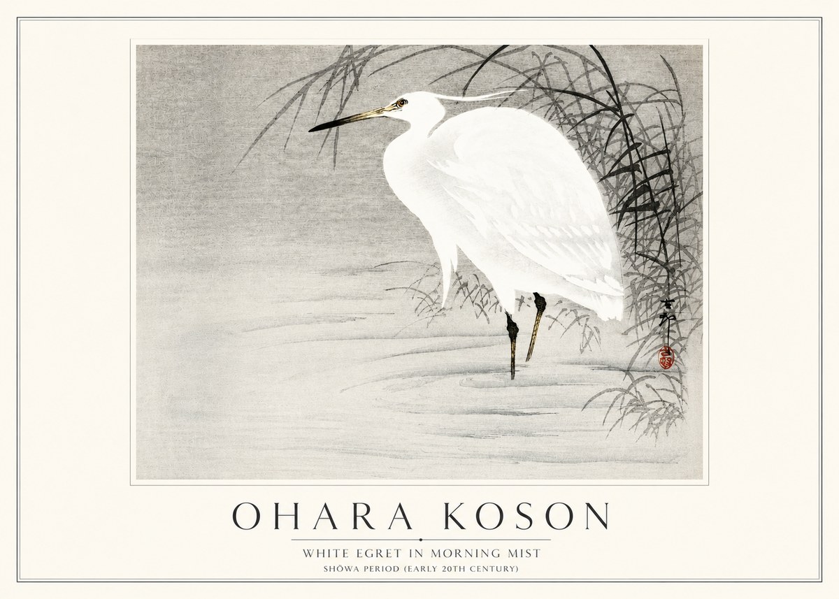 Ohara Koson White Egret in Morning Mist No3 - Póster
