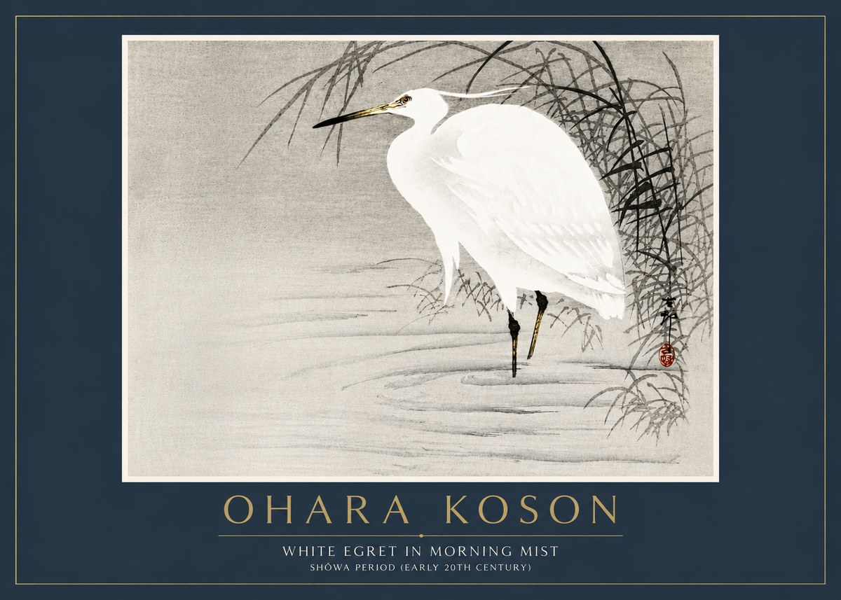 Ohara Koson White Egret in Morning Mist No6 - Póster