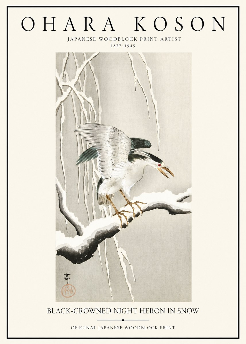 Ohara Koson Black-crowned Night Heron in Snow No1 - Póster