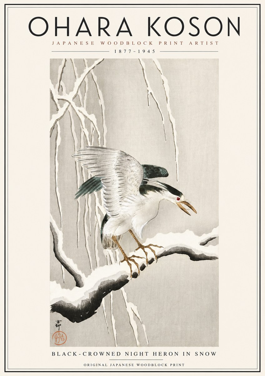 Ohara Koson Black-crowned Night Heron in Snow No3 - Póster