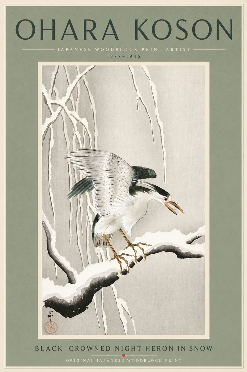 Ohara Koson Black-crowned Night Heron in Snow No4 - Póster