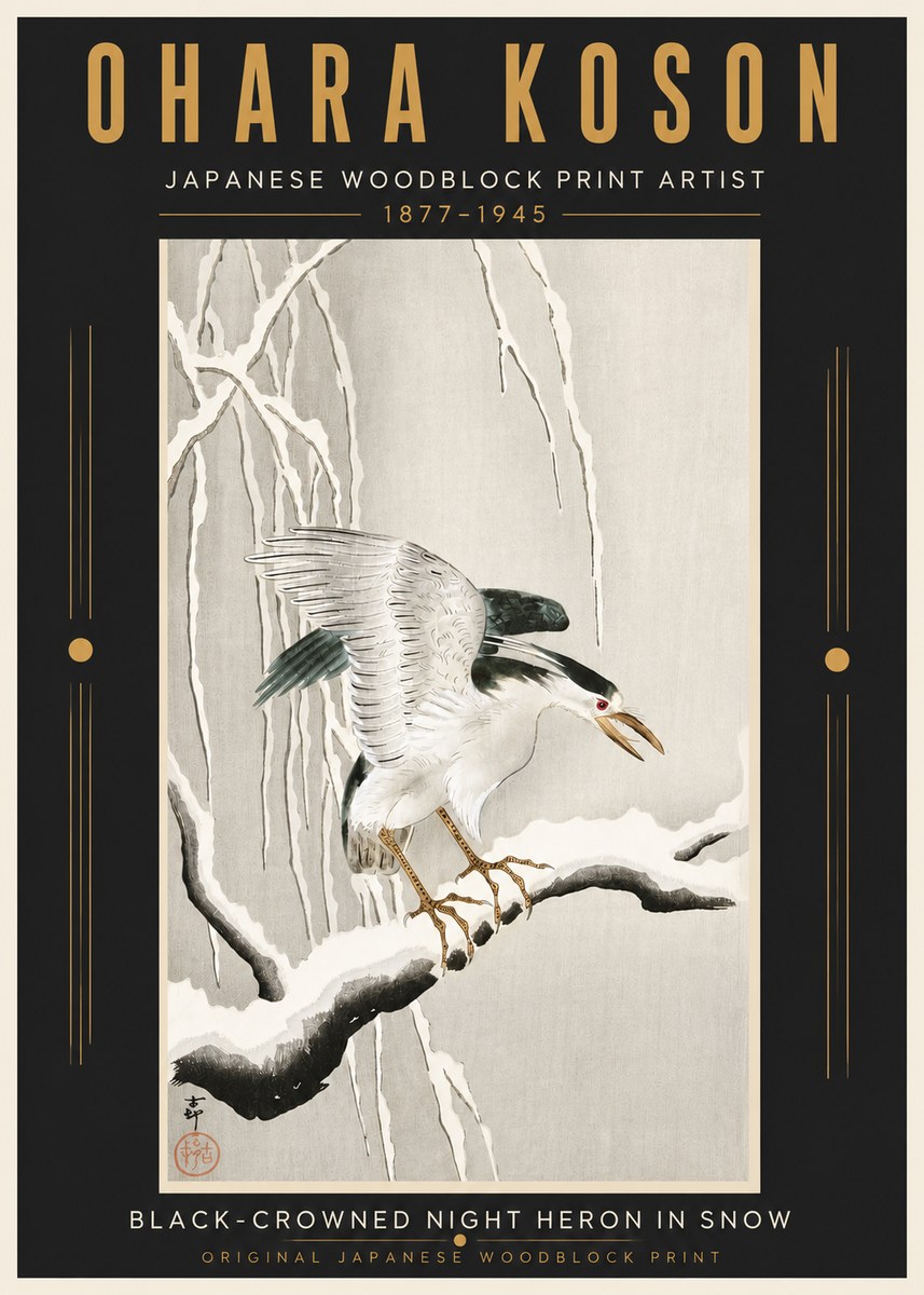 Ohara Koson Black-crowned Night Heron in Snow No5 - Póster