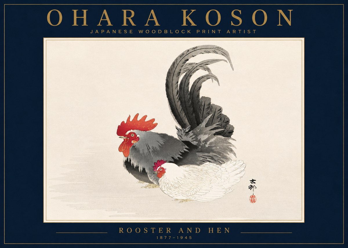 Ohara Koson Rooster and Hen I No4 - Póster