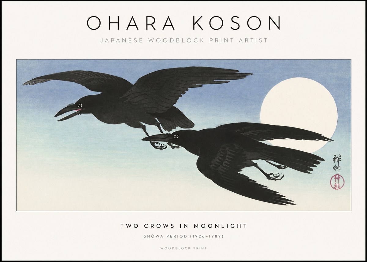 Ohara Koson Two Crows in Flight, Moonlight No2 - Póster