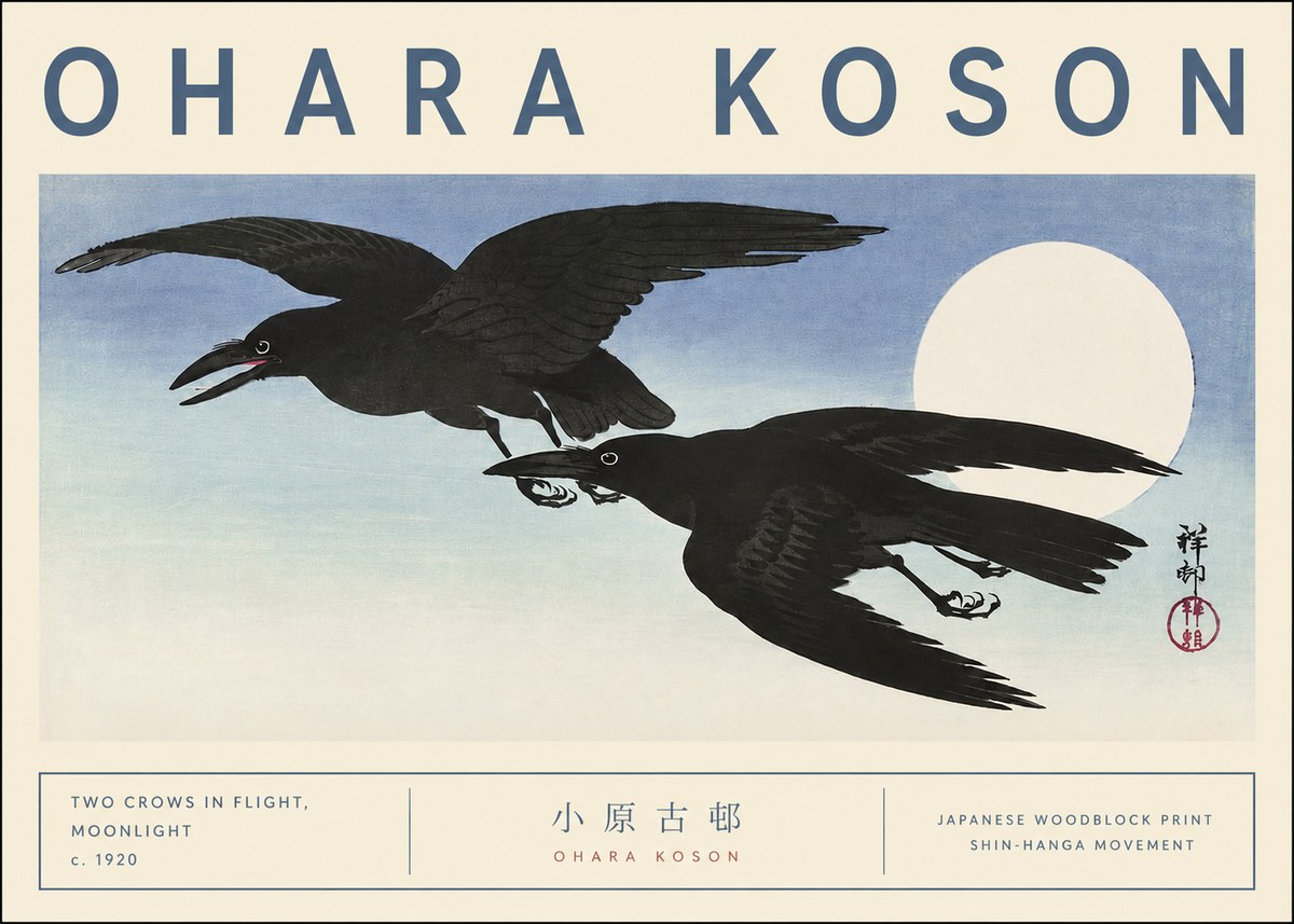 Ohara Koson Two Crows in Flight, Moonlight No3 - Póster