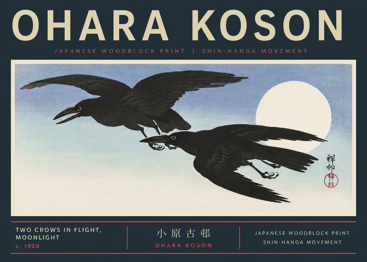 Ohara Koson Two Crows in Flight, Moonlight No6 - Póster