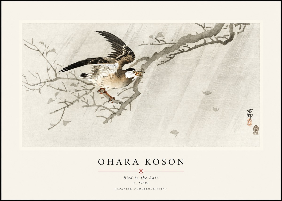 Ohara Koson Bird in the Rain No1 - Póster