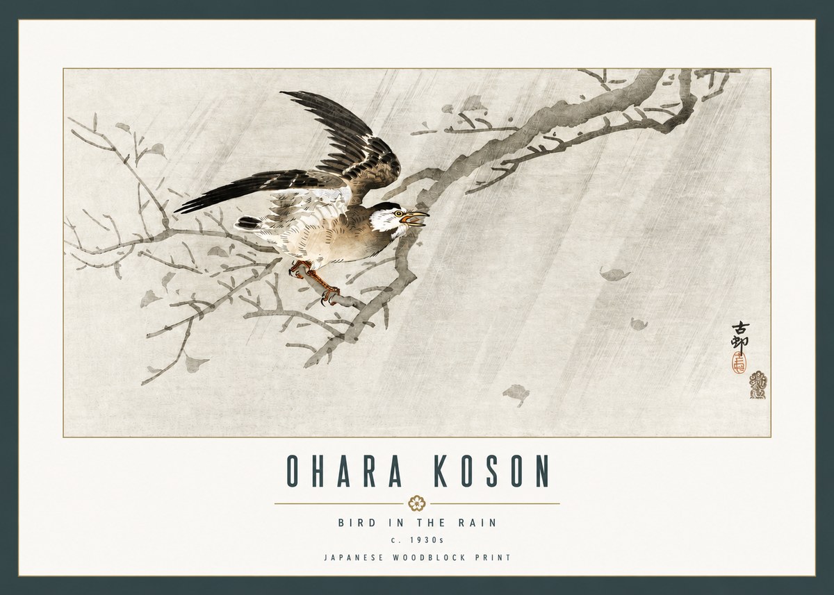 Ohara Koson Bird in the Rain No2 - Póster