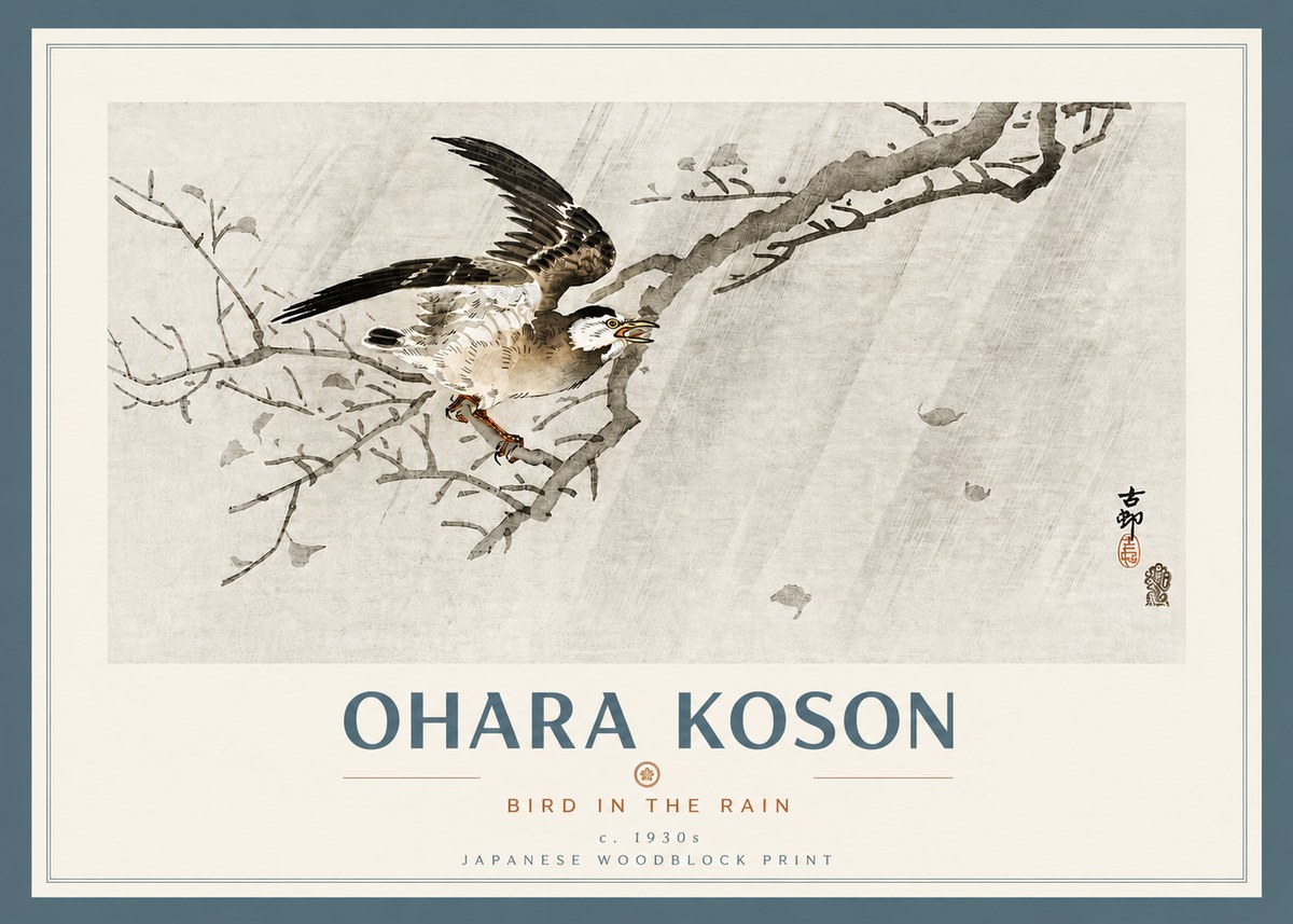 Ohara Koson Bird in the Rain No4 - Póster
