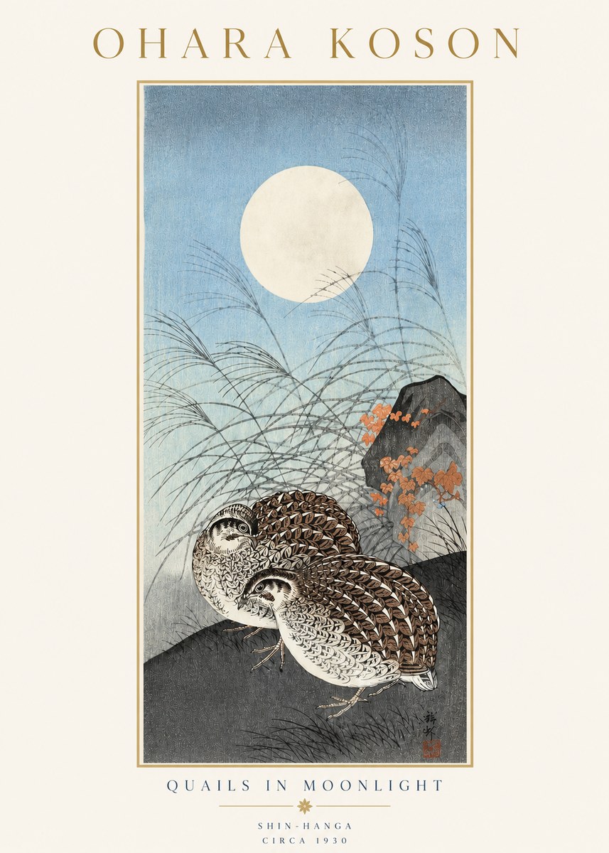Ohara Koson Quails in Moonlight No3 - Póster