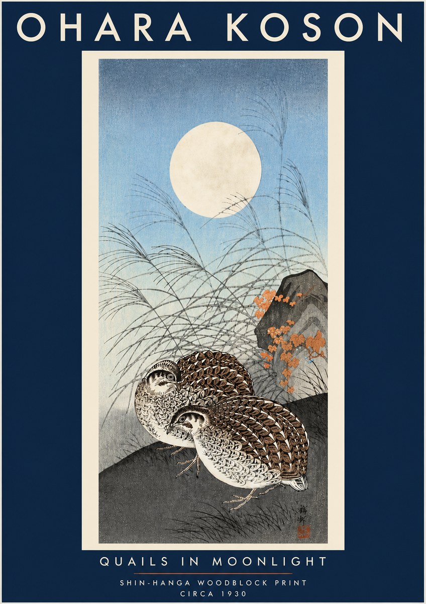 Ohara Koson Quails in Moonlight No4 - Póster