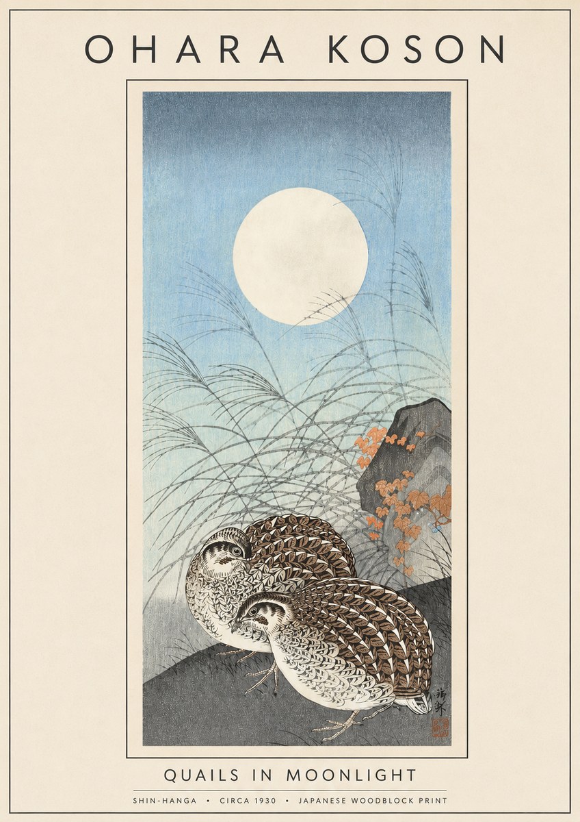 Ohara Koson Quails in Moonlight No5 - Póster