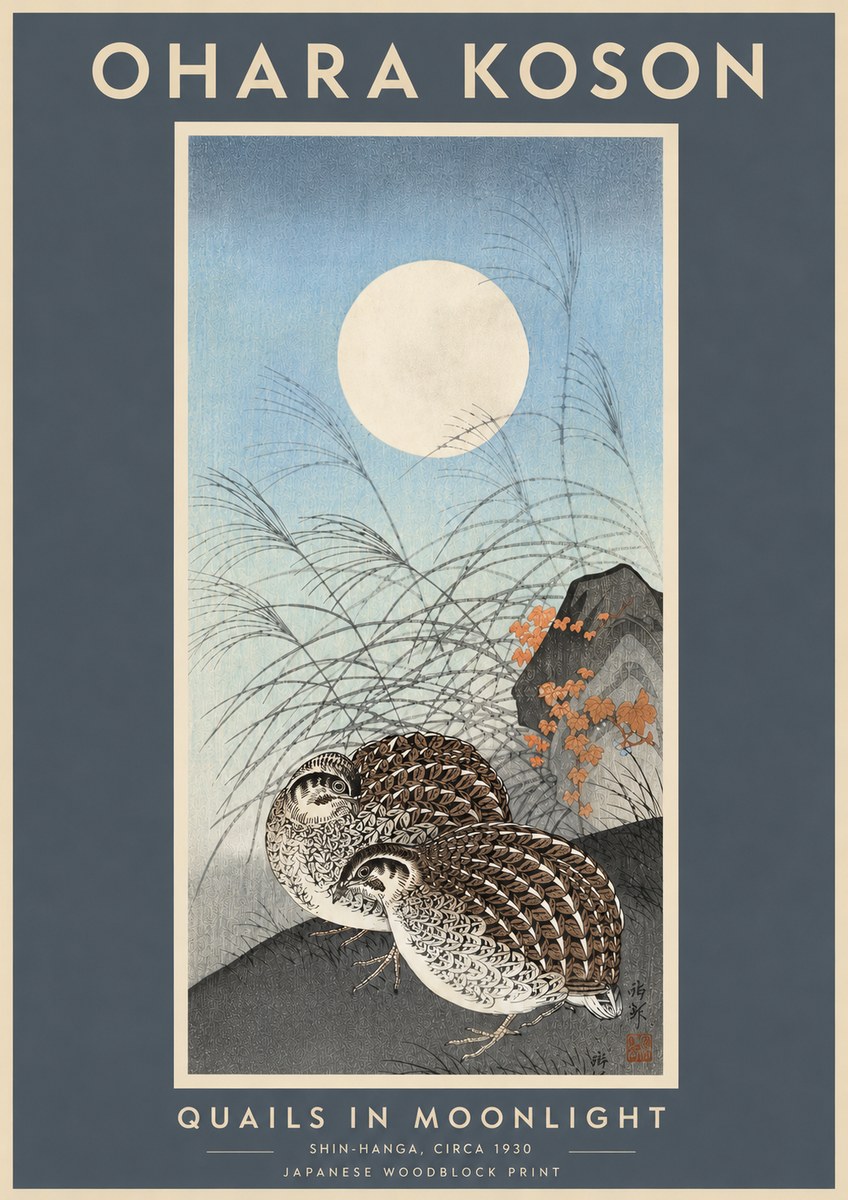 Ohara Koson Quails in Moonlight No6 - Póster