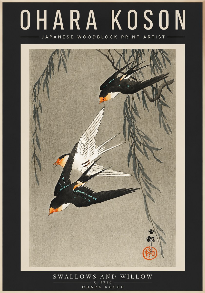 Ohara Koson Swallows and Willow II No4 - Póster