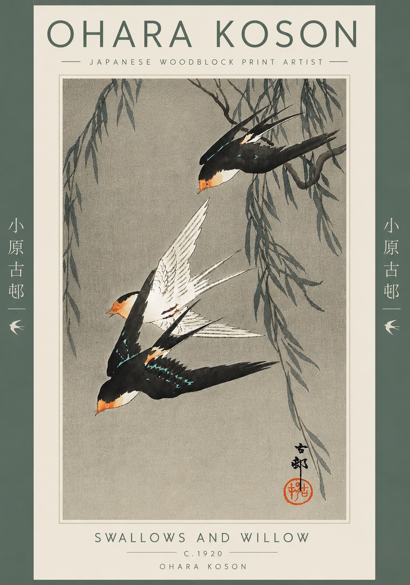 Ohara Koson Swallows and Willow II No5 - Póster
