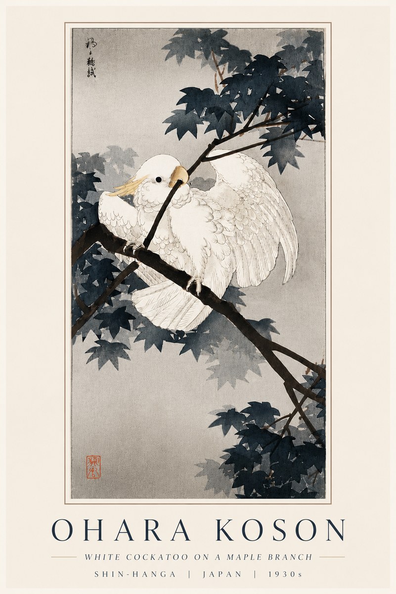 Ohara Koson White Cockatoo on a Maple Branch No6 - Póster
