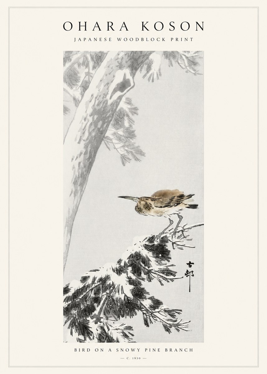 Ohara Koson Bird on a Snowy Pine Branch No1 - Póster
