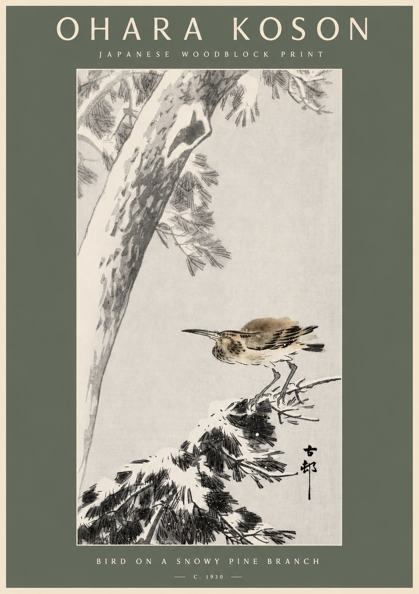 Ohara Koson Bird on a Snowy Pine Branch No2 - Póster