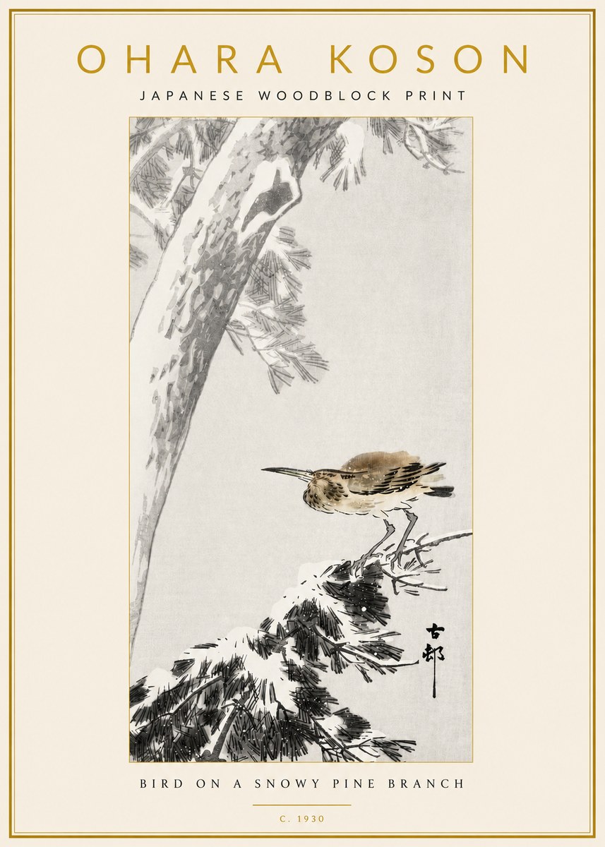 Ohara Koson Bird on a Snowy Pine Branch No3 - Póster