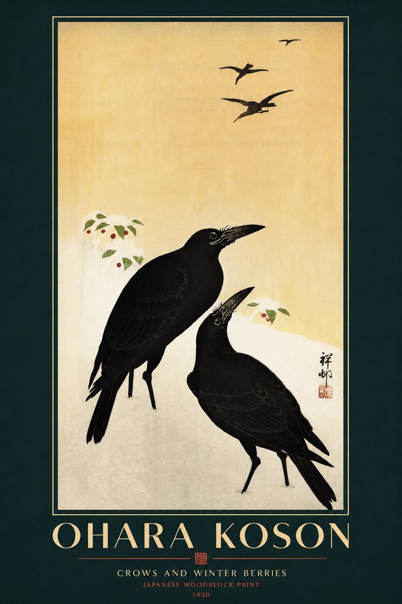 Ohara Koson Crows and Winter Berries No3 - Póster