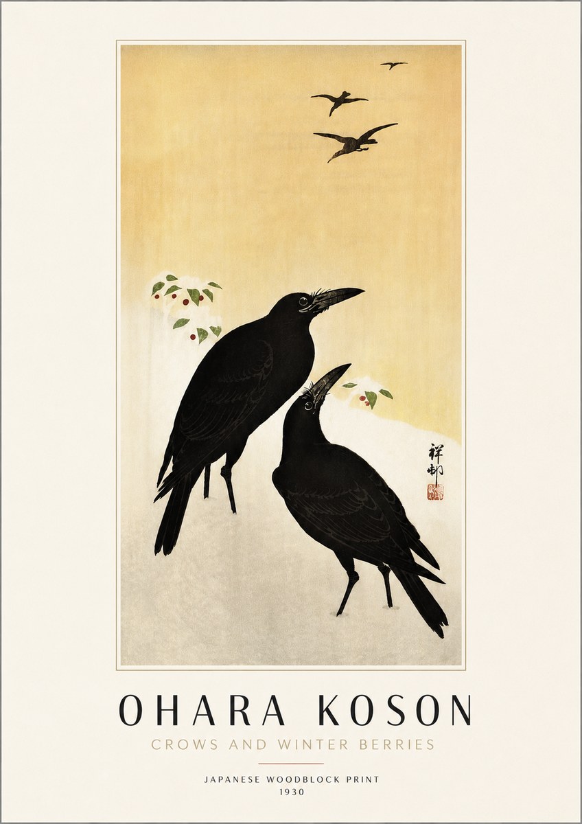 Ohara Koson Crows and Winter Berries No4 - Póster