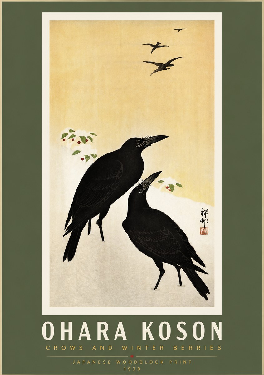 Ohara Koson Crows and Winter Berries No5 - Póster