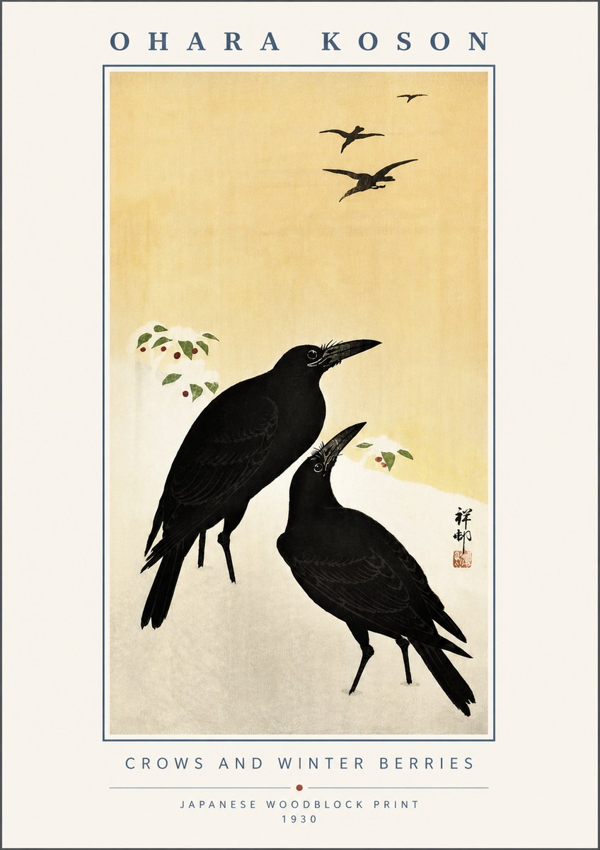 Ohara Koson Crows and Winter Berries No6 - Póster