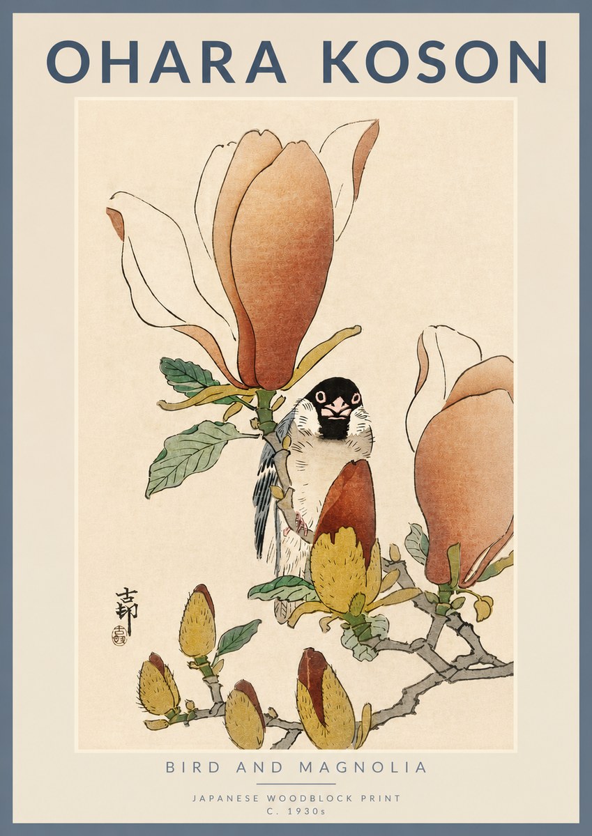 Ohara Koson Bird and Magnolia No4 - Póster