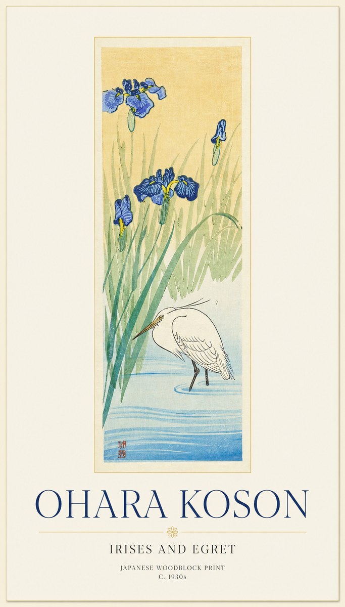 Ohara Koson Irises and Egret No1 - Póster